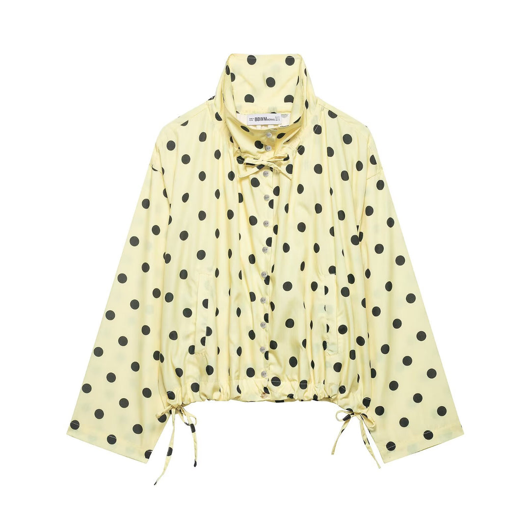 Women's lightweight polka dot windbreaker jacket with drawstring and stand-up collar Mune Fashion