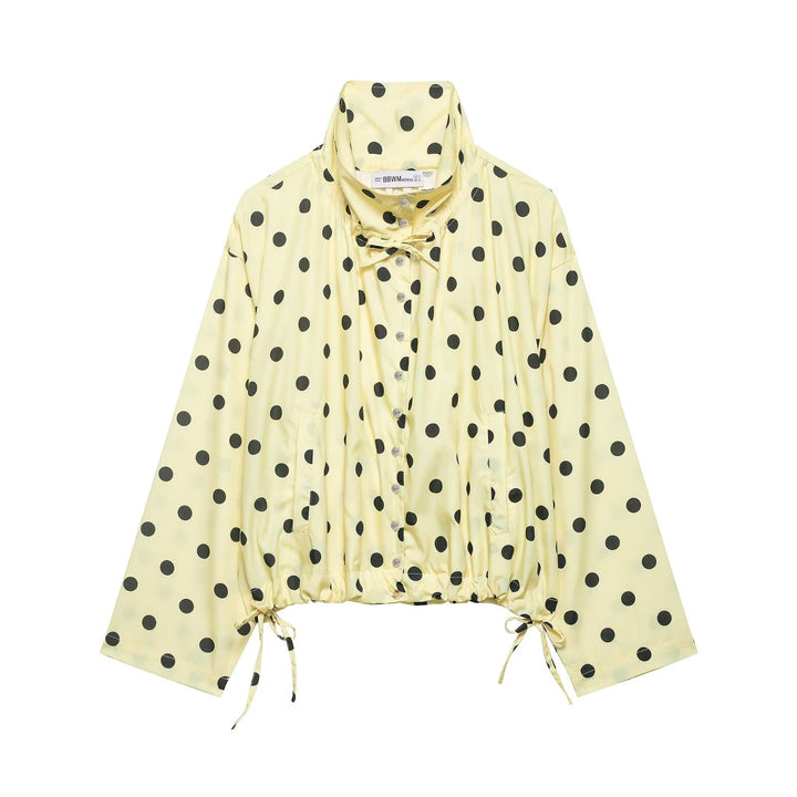 Women's lightweight polka dot windbreaker jacket with drawstring and stand-up collar Mune Fashion