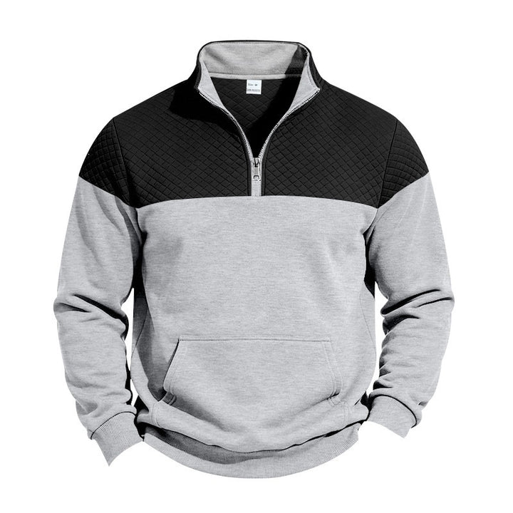 Men's Stand Collar Sweatshirt with Half Zip, Quilted Shoulder Yoke and Kangaroo Pocket Mune Fashion