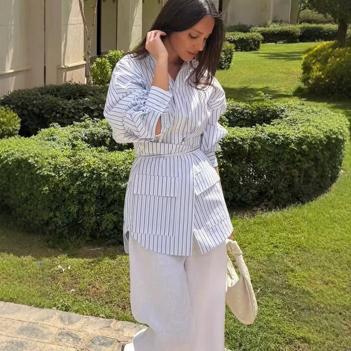 Women's shirt dress with belted waist, mandarin collar, and patch pockets Mune Fashion