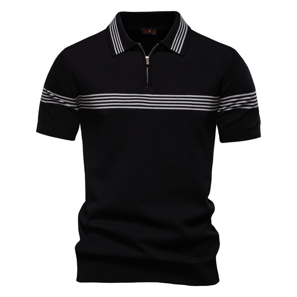 Men's noble fine-knit polo shirt with short metal zipper, cuffed sleeves, and contrasting striped bands Mune Fashion