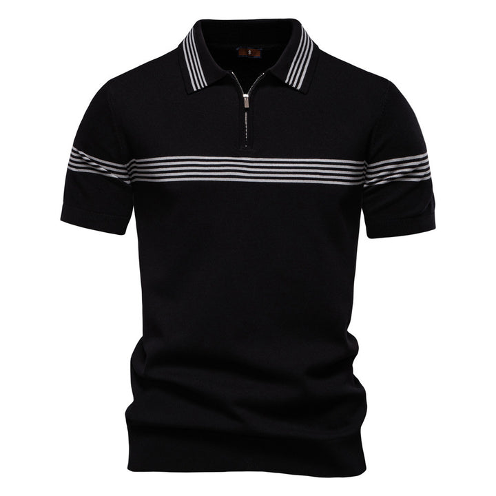 Men's noble fine-knit polo shirt with short metal zipper, cuffed sleeves, and contrasting striped bands Mune Fashion