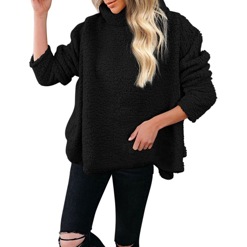 Women's Oversized Sherpa Pullover with High Roll Neck, Extended Back Hem and Casual Silhouette Mune Fashion