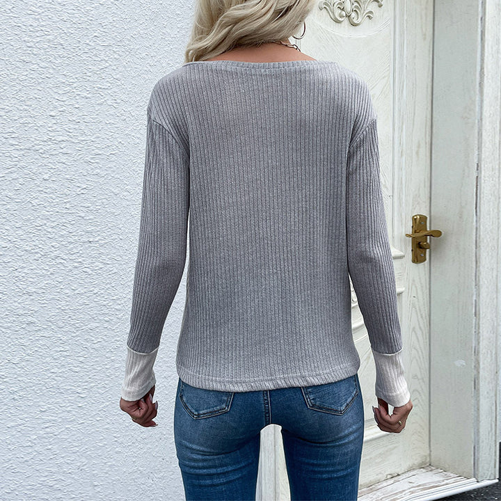Women Patchwork Long Sleeve Shirt with V-Neck, Ribbed Texture and Animal Print Mune Fashion