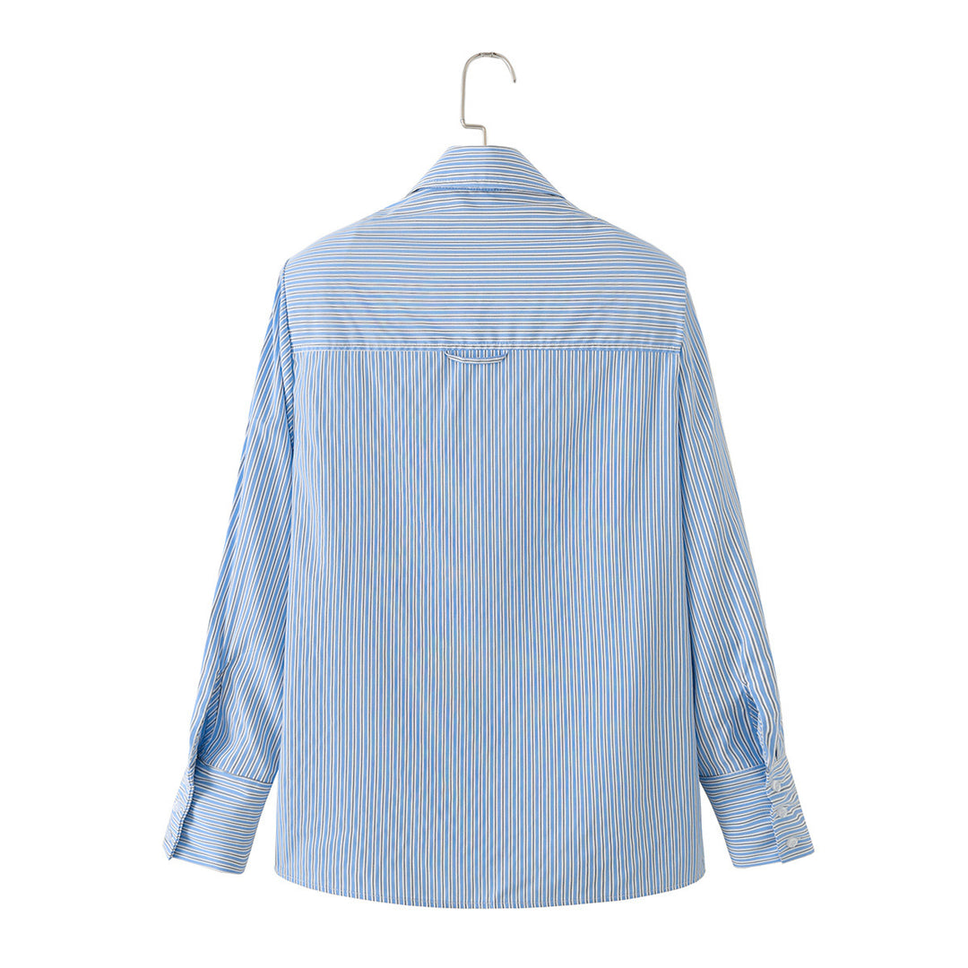 Women Oversized Striped Blouse with Shirt Collar and Cuffs Mune Fashion