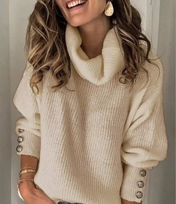 Women's Cozy Oversized Turtleneck Sweater with Decorative Buttons on the Sleeves Drune