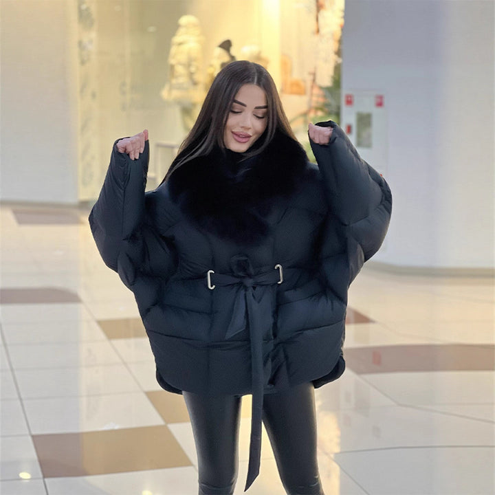 Women's Oversized Puffer Jacket with Waist Belt and Faux Fur Collar Mune Fashion