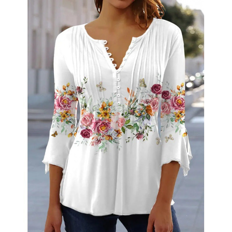Women's Lightweight Viscose Tunic with V-Neck, Pleating and Floral Border Print Mune Fashion