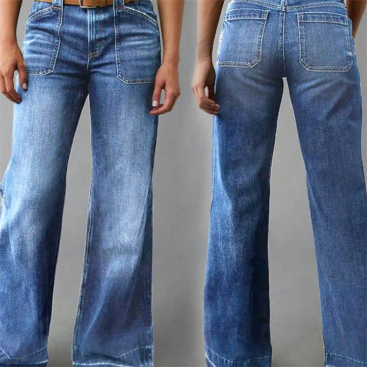 Women High-Waisted Denim Jeans with Wide Flared Legs and Patch Front Pockets Mune Fashion