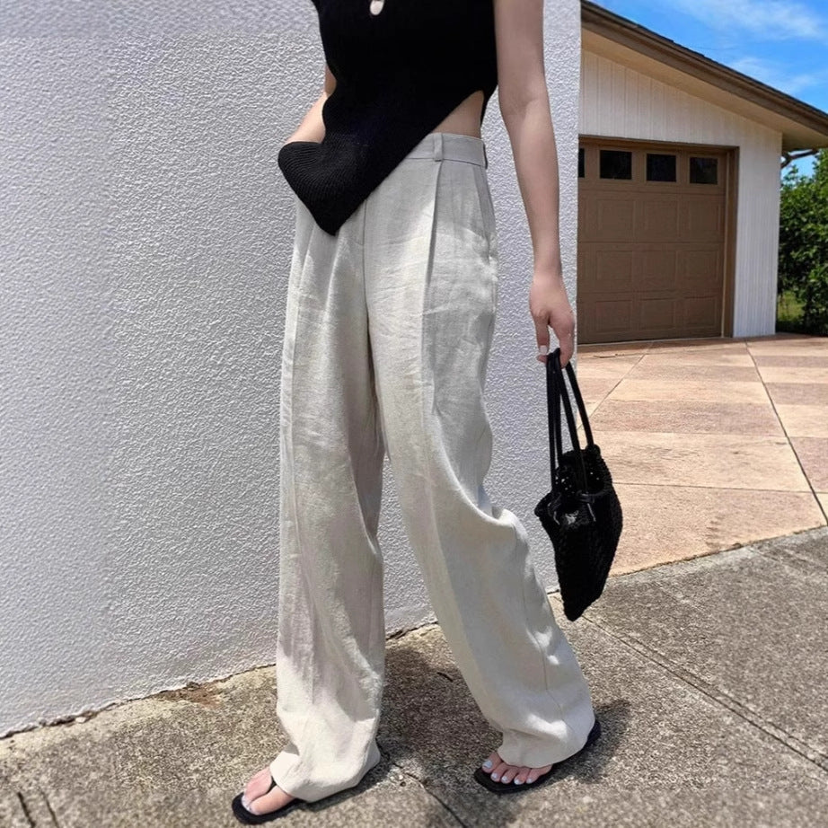 Women Wide Linen Blend Pants with High Waist, Crease and Side Pockets Mune Fashion