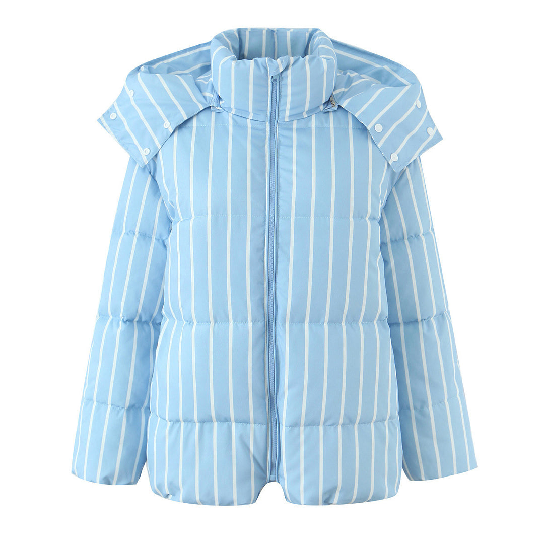 Women's Quilted Puffer Jacket with Removable Hood Trim, High Stand Collar and Vertical Stripe Pattern Mune Fashion