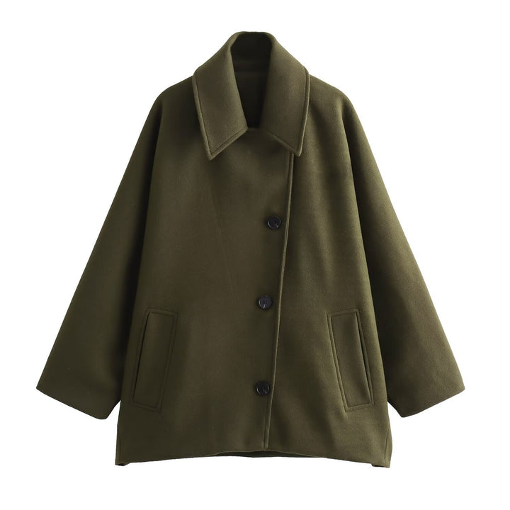 Women's short A-line wool blend coat with oversized lapel collar and side pockets Mune Fashion