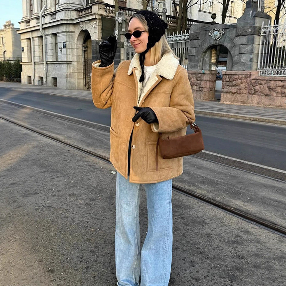 Women's Boxy Lambskin Look Coat with Folded Teddy Collar Mune Fashion