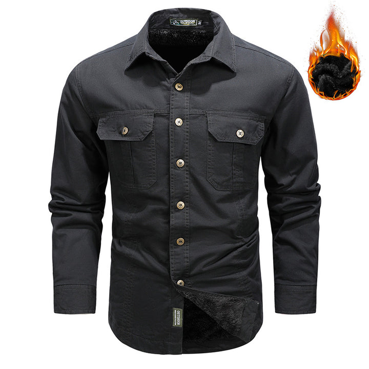 Men's rugged canvas shirt with double breast pockets and continuous button placket