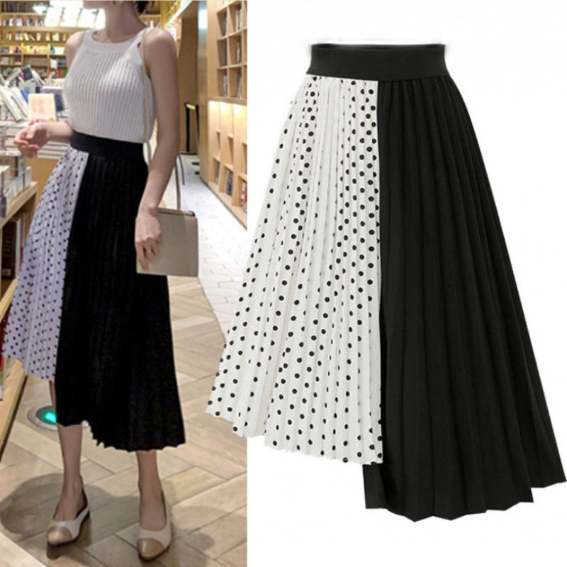 Women Asymmetric Pleated Midi Skirt with Polka Dot Panel and Elastic Waistband Mune Fashion