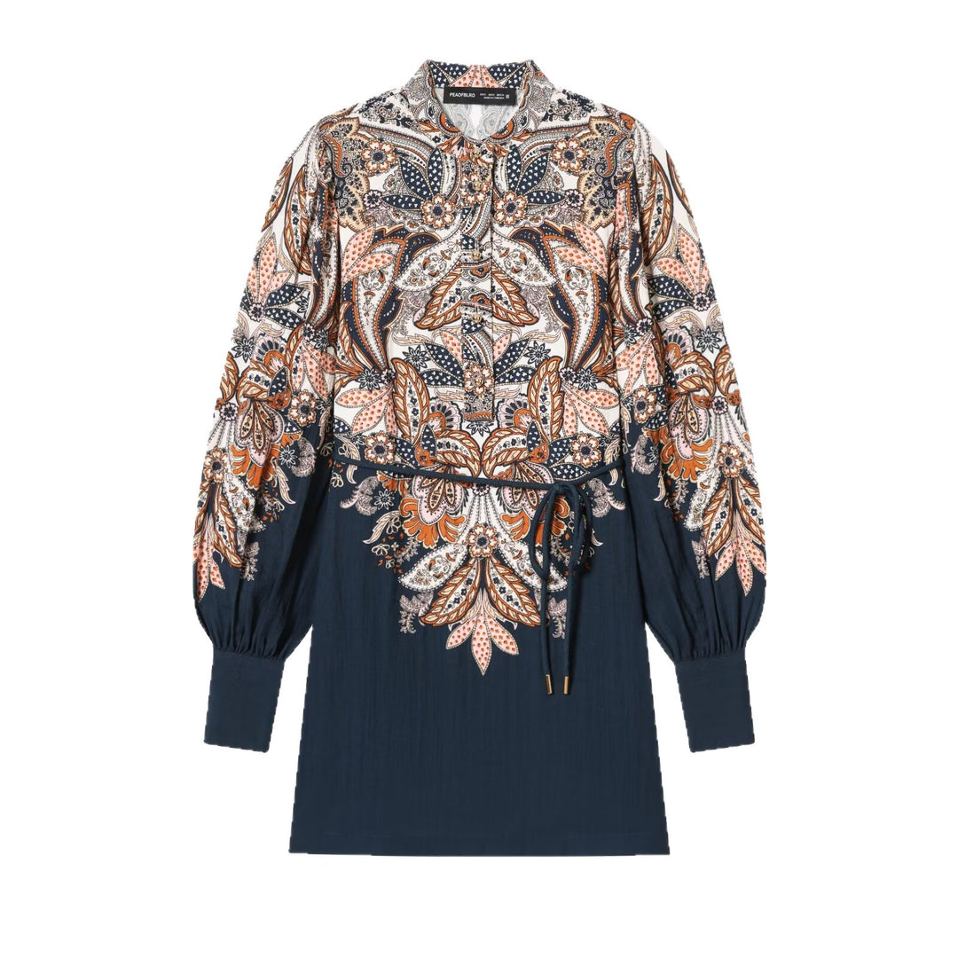 Women's Patterned Tunic Dress with Ties, Stand Collar and Balloon Sleeves Mune Fashion