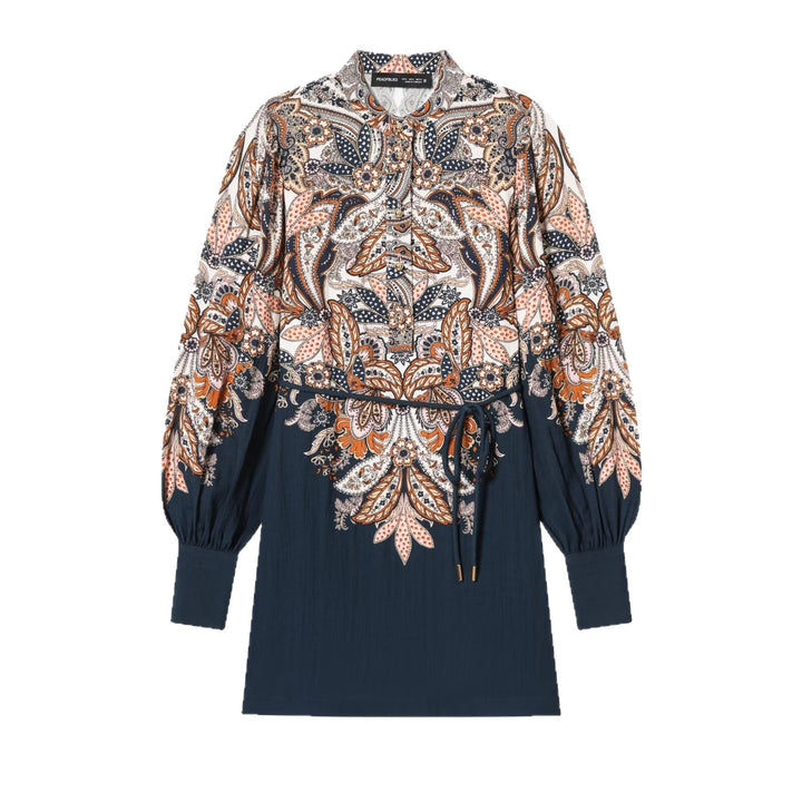 Women's Patterned Tunic Dress with Ties, Stand Collar and Balloon Sleeves Mune Fashion