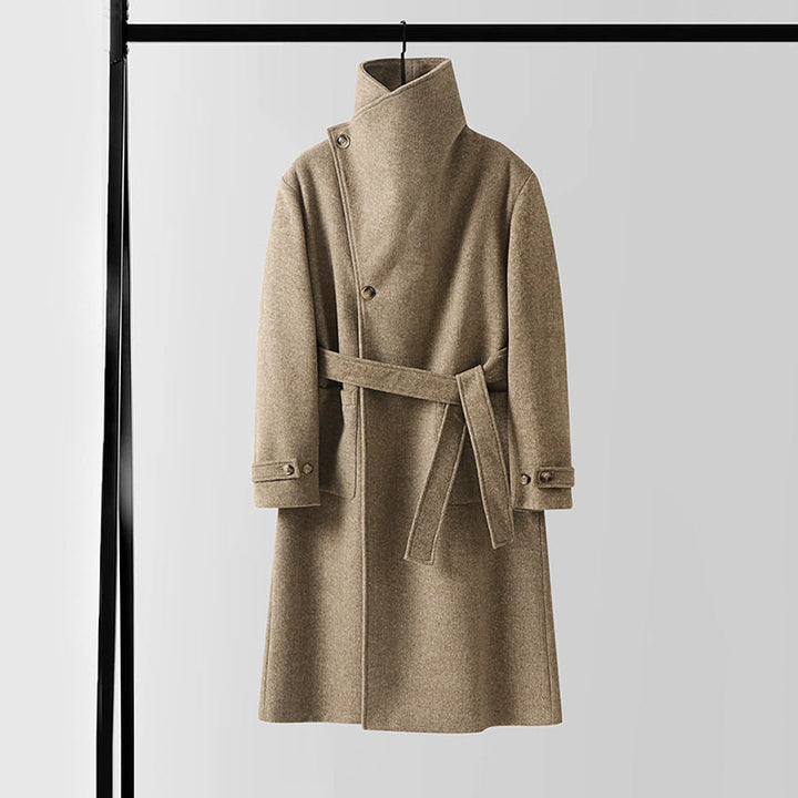 Men's Maxilength Wool Coat with High Stand-up Collar, Asymmetric Button Placket and Tied Belt Mune Fashion