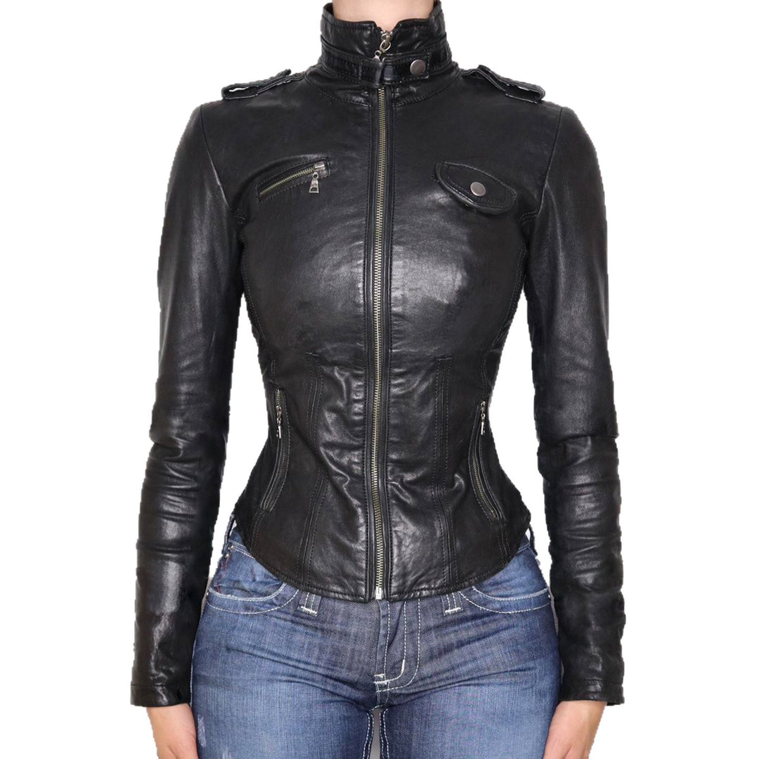 Women no tailored faux leather biker jacket with stand-up collar, shoulder patches, and zippered pockets Mune Fashion