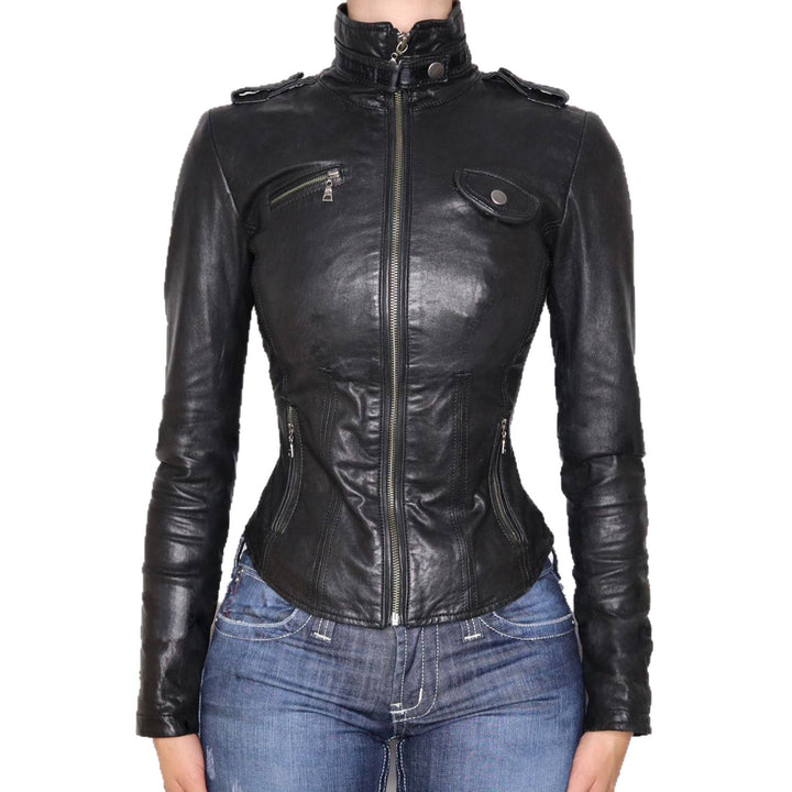 Women no tailored faux leather biker jacket with stand-up collar, shoulder patches, and zippered pockets Mune Fashion