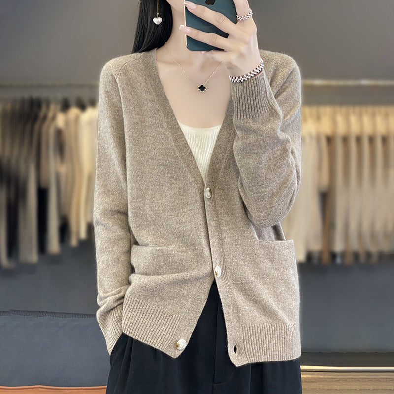 Women's Casual Fine Knit Cardigan with V-Neck, Hand Pockets and Wide Ribbed Cuff Mune Fashion