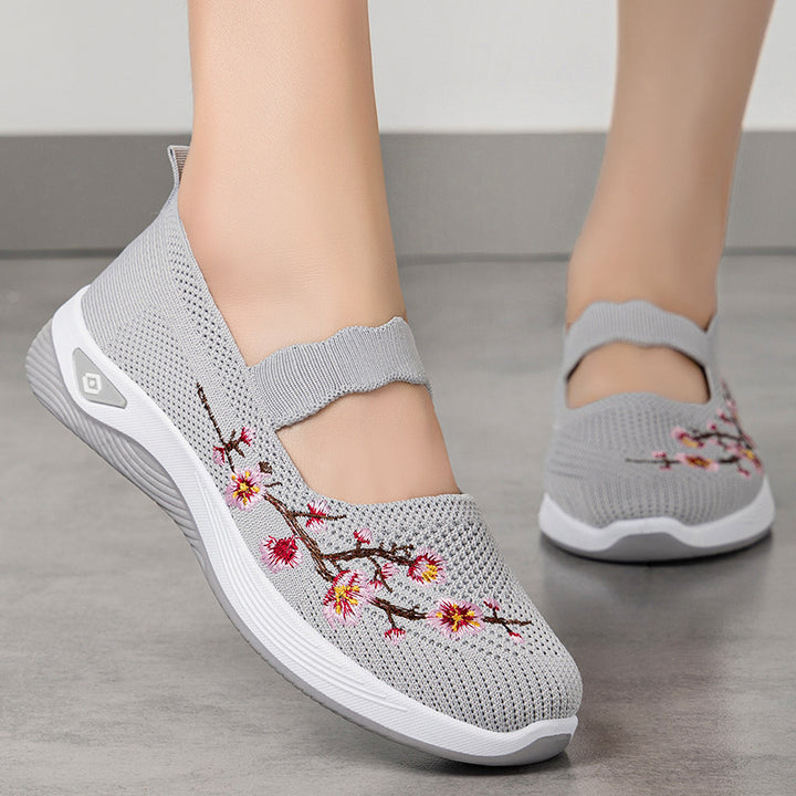 Ladies embroidered comfort ballerina with elastic Mary Jane strap, breathable knit upper and shock-absorbing EVA wedge sole Mune Fashion