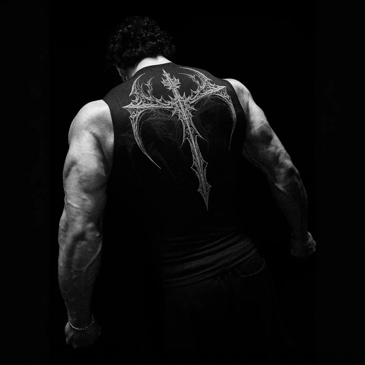 Men's form-fitting training tank top with deep armholes and intricate back print Mune Fashion