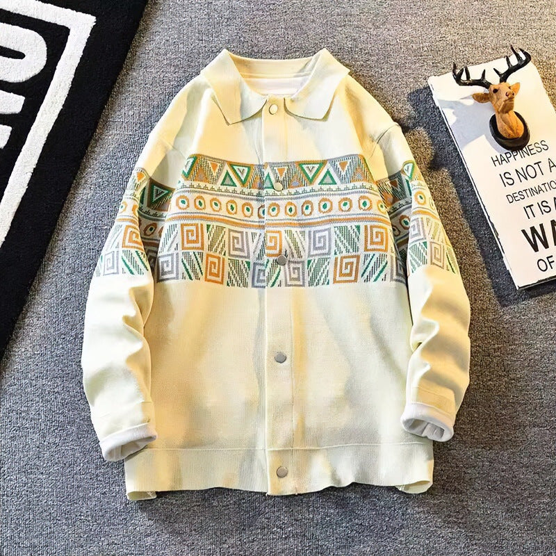 Women's Oversized Cardigan with Jacquard Yoke and Snap Button Placket Mune Fashion