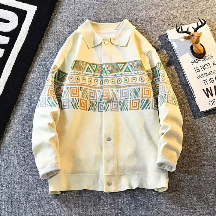 Women's Oversized Cardigan with Jacquard Yoke and Snap Button Placket Mune Fashion