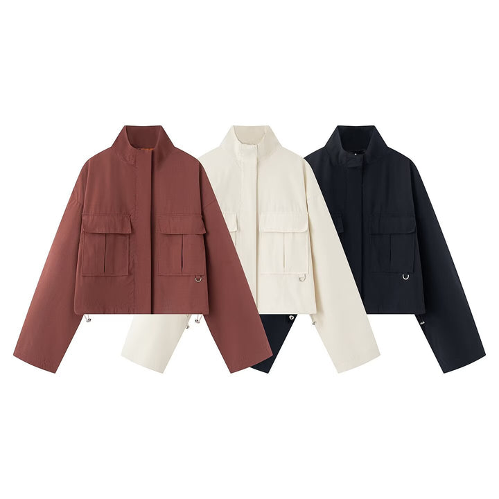 Women Short Boxy Utility Jacket with High Funnel Collar, Large Flap Pockets and Drawstring Mune Fashion