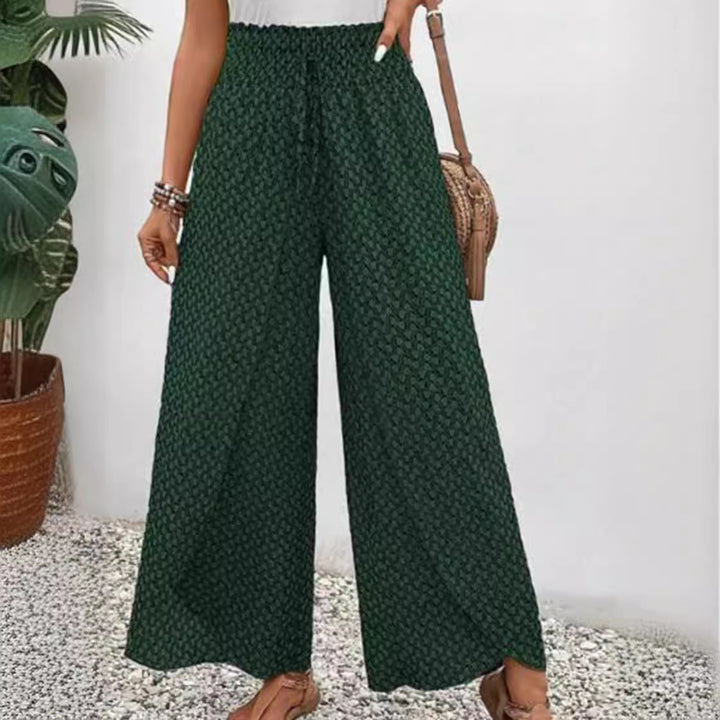 Women's wide summer palazzo pants with gathered comfort waistband, flowing leg width and geometric all-over pattern Mune Fashion