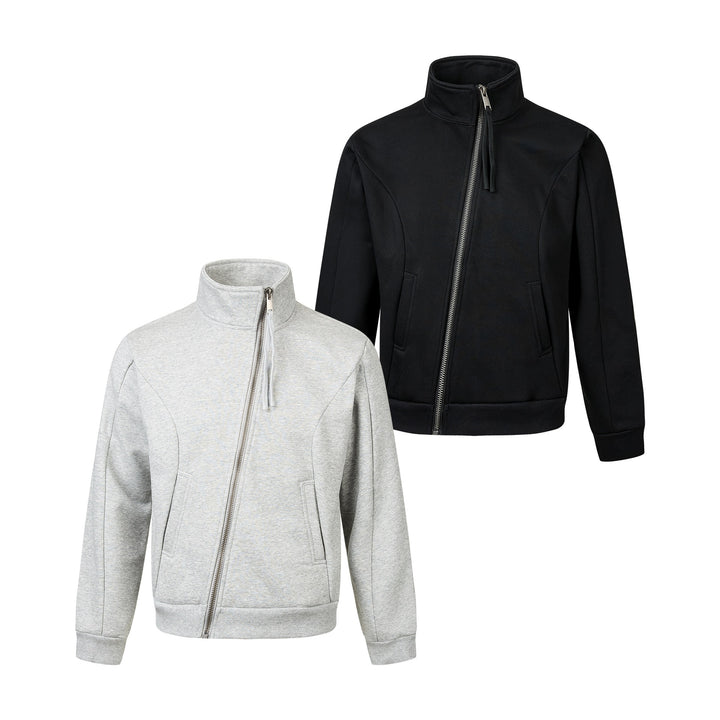 Unisex Short-cut Sweat Jacket with High Stand-up Collar and Asymmetrical Zipper Mune Fashion