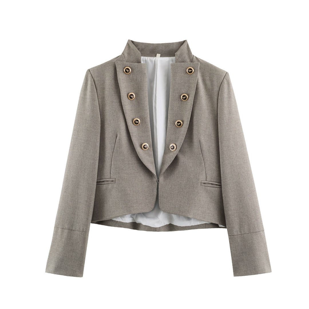 Women Cropped Military Blazer with Stand Collar, Double-Breasted Decorative Button Placket and Tailored Fit Mune Fashion