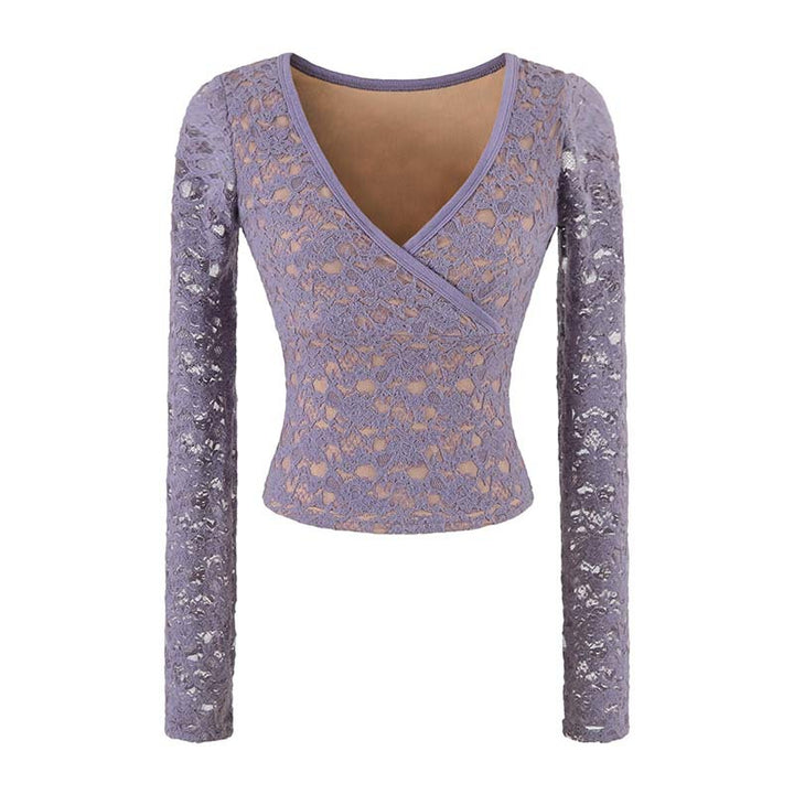 Women's Figure-hugging Lace Top with Wrap V-neck and Long Sleeves Mune Fashion