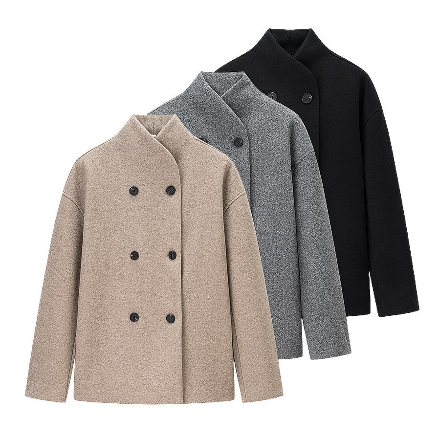 Women’s Oversized Wool Jacket with Double Button Placket and Modern Stand-Up Collar Mune