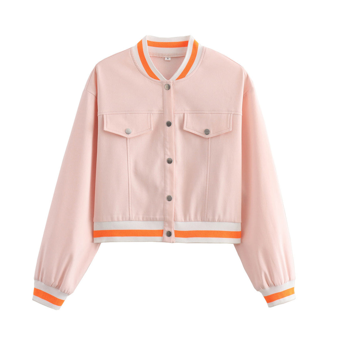 Women's cropped blouson jacket with snap button placket, striped ribbed cuffs and patch chest pockets Mune Fashion