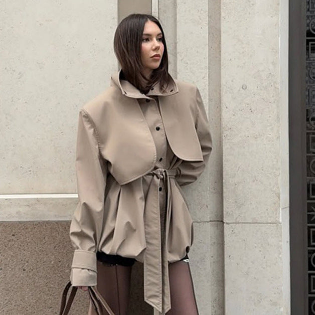 Women's Sculptural Boxy Blouson with High Stand-Up Collar and Gathered Volume Hem Mune Fashion