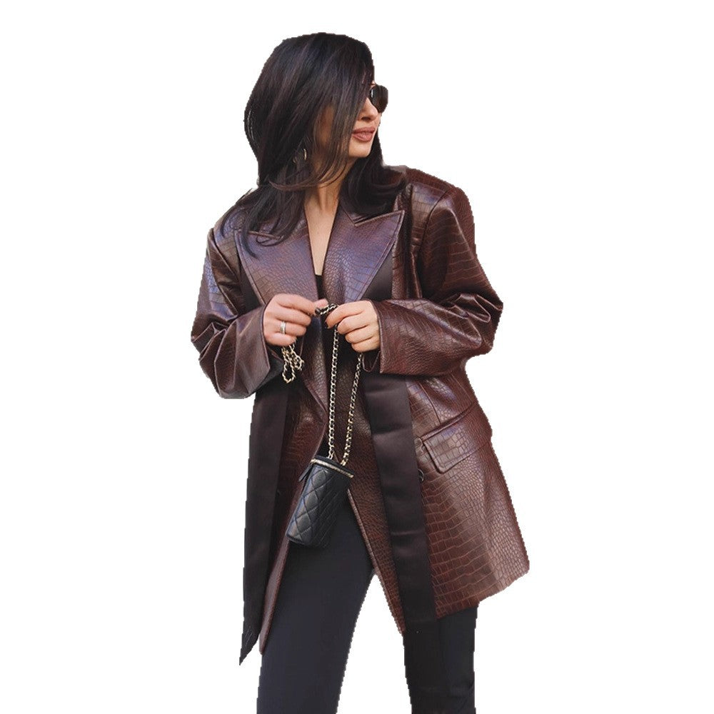 Ladies Oversized Blazer Coat in Crocodile Embossing with Shawl Collar and Tie Belt Mune Fashion