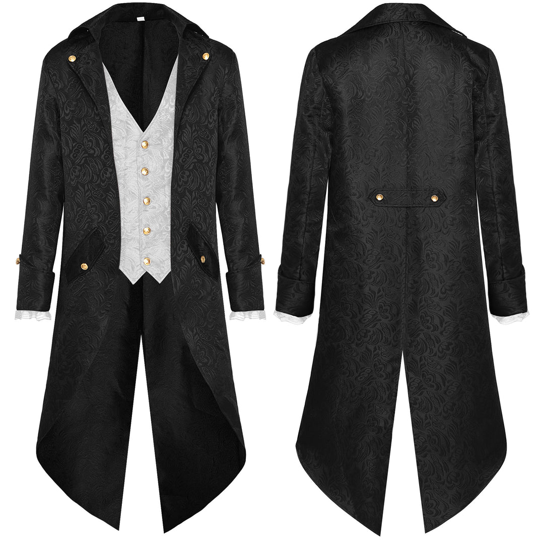 Men's nano baroque velvet tailcoat with gold-embroidered back appliqué and decorative brocade trim.
