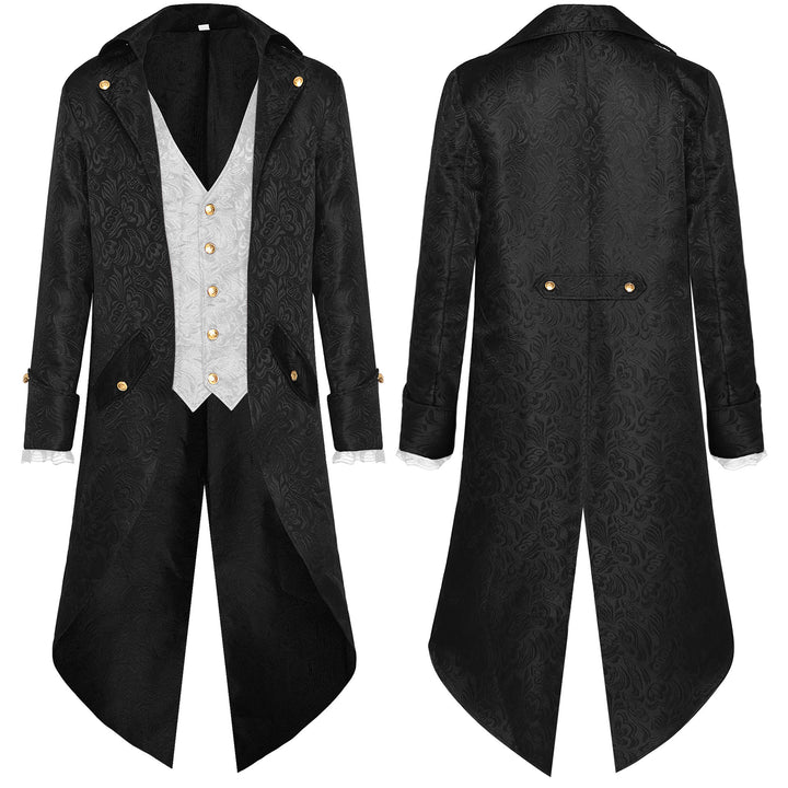 Men's nano baroque velvet tailcoat with gold-embroidered back appliqué and decorative brocade trim.