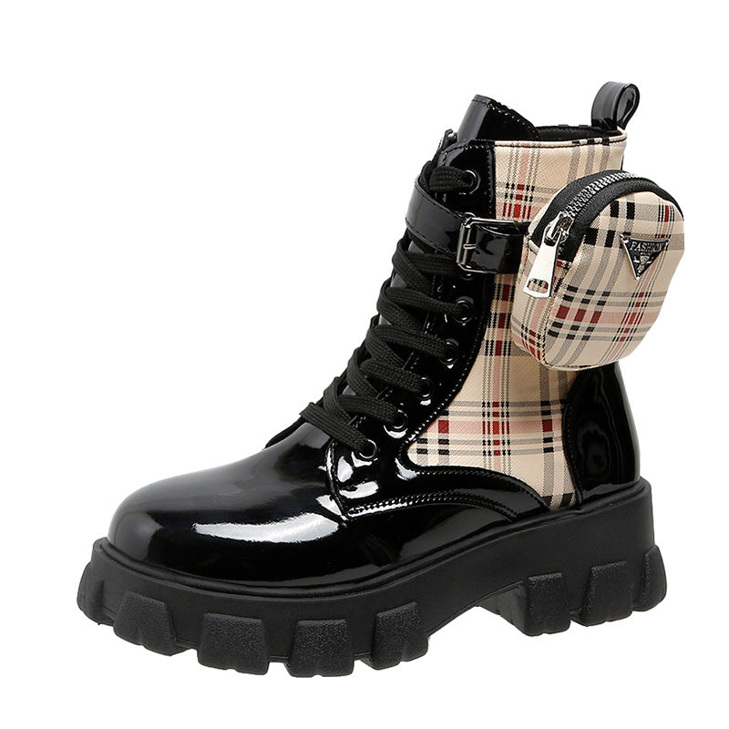 Women's fashionable plateau ankle boots with checkered textile insert, lacing, buckle strap and removable mini bag Mune Fashion