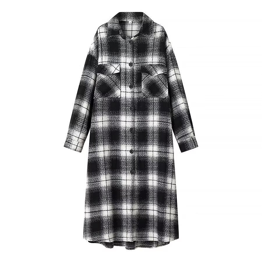 Women's Longline Check Overshirt with Oversized Cut and Flap Pockets Mune Fashion