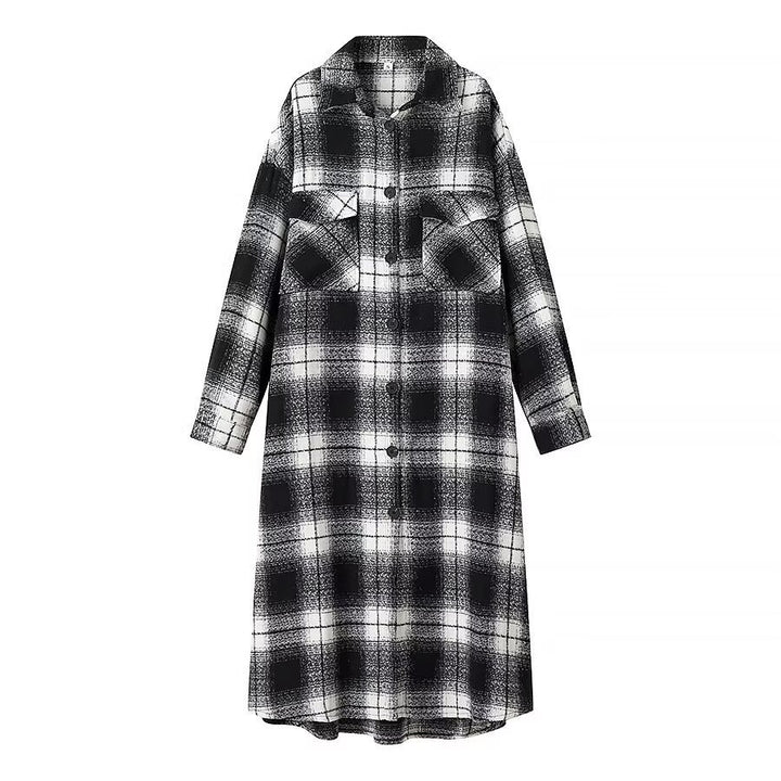 Women's Longline Check Overshirt with Oversized Cut and Flap Pockets Mune Fashion