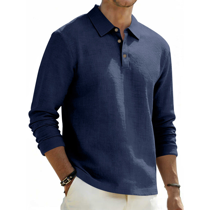 Men's long sleeve polo shirt made of linen with Henley button placket and Kent collar Mune Fashion