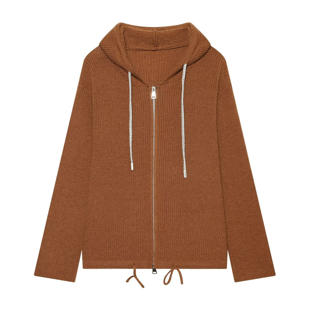 Women's knitted zip-up hoodie with full zip, ribbed texture and drawstring Mune Fashion