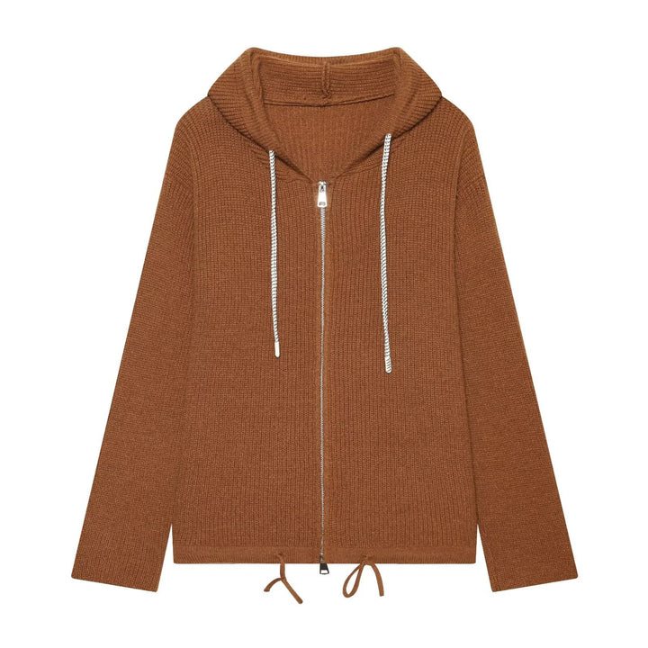 Women's knitted zip-up hoodie with full zip, ribbed texture and drawstring Mune Fashion