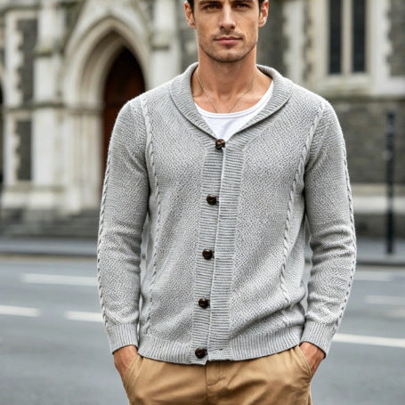 Men's fine knit cardigan with shawl collar, snap-hook closures, and textured knit Mune Fashion