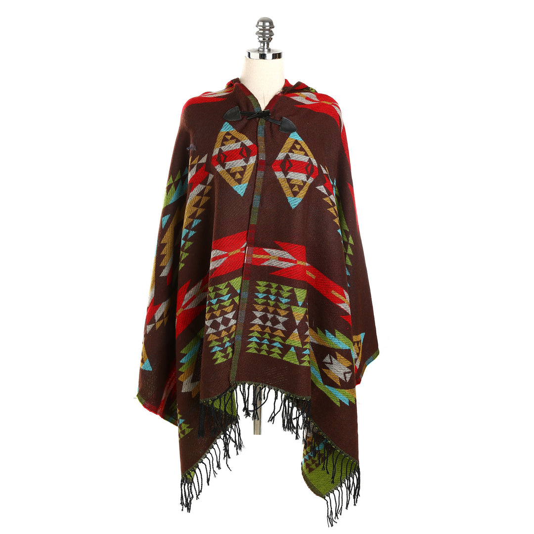 Women's Ethno-Jacquard-Poncho with Toggle Closure and Fringe Hem Mune Fashion