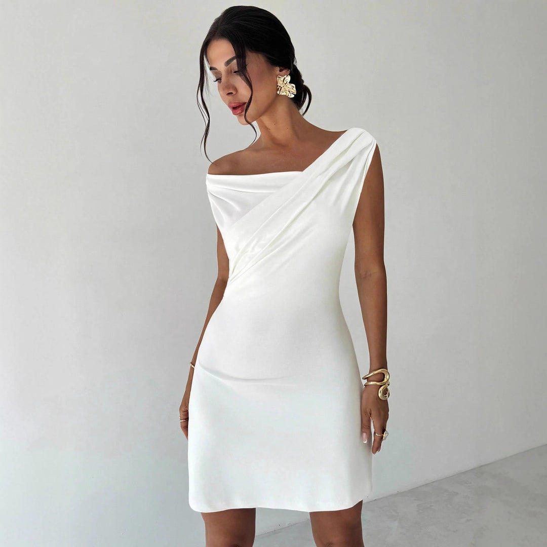 Women's off-the-shoulder sheath dress with crossed neckline draping and tailored silhouette Mune Fashion