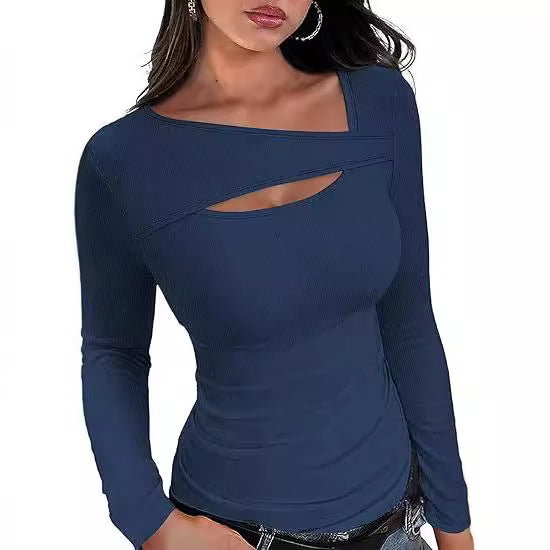 Women's Ribbed Long Sleeve Shirt with Asymmetrical Off-Shoulder Neckline and Chest Cut-Out Mune Fashion